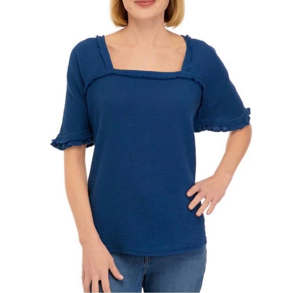 NWT Wonderly Square Neck Blouse in Navy Cotton Gauze Size XL